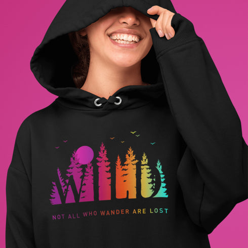 This Camping hoodie features a stunning colorful gradient forest graphic that captures the essence of the great outdoors. With the inspiring saying "WILD-Not All Who Wander Are Lost" boldly printed, it serves as a reminder to embrace your wild spirit and wanderlust.